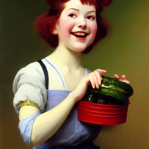 Prompt: a smiling girl with short grey red hair proudly holding a fido jar into the camera. close up. the fido jar is filled with big green pickles. by ralph mcquarrie. by noriyoshi ohrai, franz xaver winterhalter