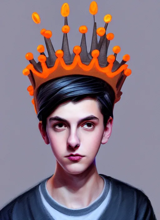 Image similar to portrait of teenage jughead jones wearing a light grey crown, crown, hamburger background, eyes closed, crown, black hair, orange, intricate, elegant, glowing lights, warm lighting, highly detailed, digital painting, artstation, concept art, smooth, sharp focus, illustration, art by wlop, mars ravelo and greg rutkowski