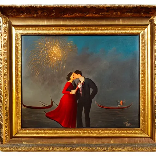 Image similar to an oil painting of couple kissing, in a background fireworks in venice