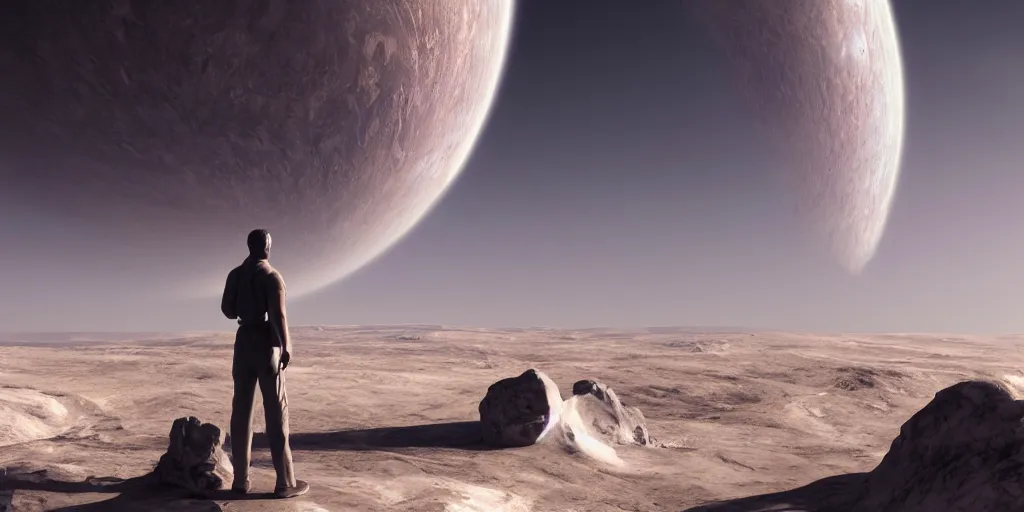 Prompt: white marble sculpture of a man on the horizon of a planet looking at two galaxies colliding in space, sci-fi, high detail, light reflections, matte painting, style by syd mead, 8k, octane render, volumetric, vivid, beautiful, hyperrealism”