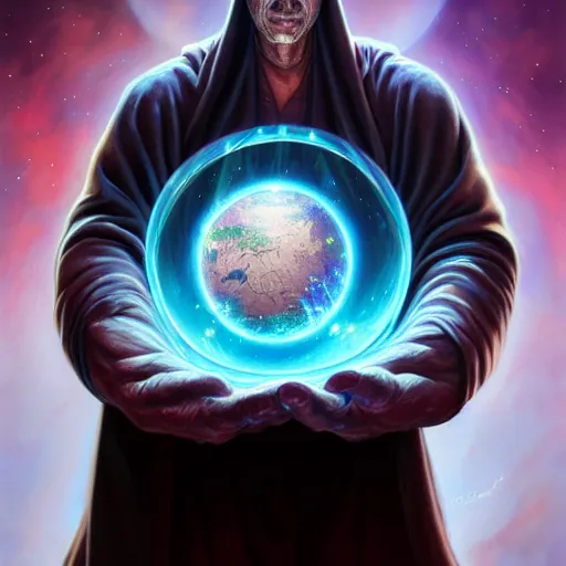 Image similar to the creator of worlds wearing a cloak and holding a holographic planet projection in his hand, detailed, sci - fi, digital painting, artstation, sharp focus, illustration, ominous, artgerm, tomasz alen kopera, peter mohrbacher, donato giancola, joseph christian leyendecker, wlop, frank frazetta