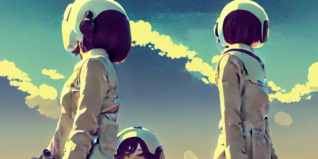 Image similar to portrait of a girl with astronaut helmets by ilya kuvshinov, cloudy sky background lush landscape ln illustration concept art anime key visual trending pixiv by victo ngai fanbox by greg rutkowski makoto shinkai takashi takeuchi studio ghibli