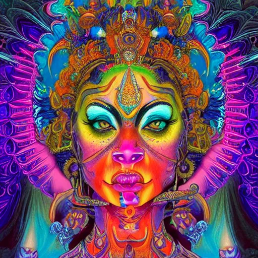 Image similar to An extremely psychedelic experience, colorful, surreal, dramatic lighting, Hindu Goddess Kali Ma, LSD, face, detailed, intricate, elegant, highly detailed, digital painting, artstation, concept art, smooth, sharp focus, illustration, art by Sam Spratt, Dan Mumford, Artgem and Alphonse Mucha