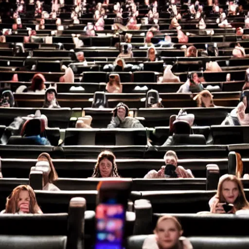 Prompt: people in a full dark movie theatre playing on their cellphones