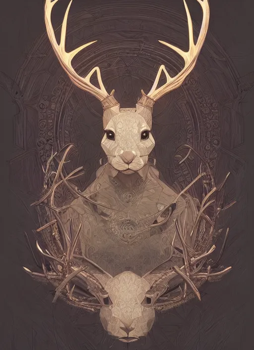 Image similar to Geometric Rabbit with antlers, intricate, elegant, highly detailed, digital painting, artstation, concept art, smooth, sharp focus, illustration, art by artgerm and greg rutkowski and alphonse mucha