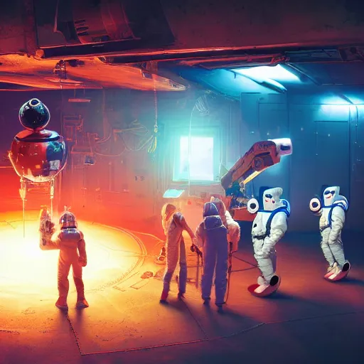 Prompt: nine austronauts in spacesuits, repairing a mickey mouse robot head held down by a crane, in a garage owned by netflix, dark dystopian environment, with cyan lights lighting the foreground and red lights in the background, made by beeple, sigma 5 0 mm