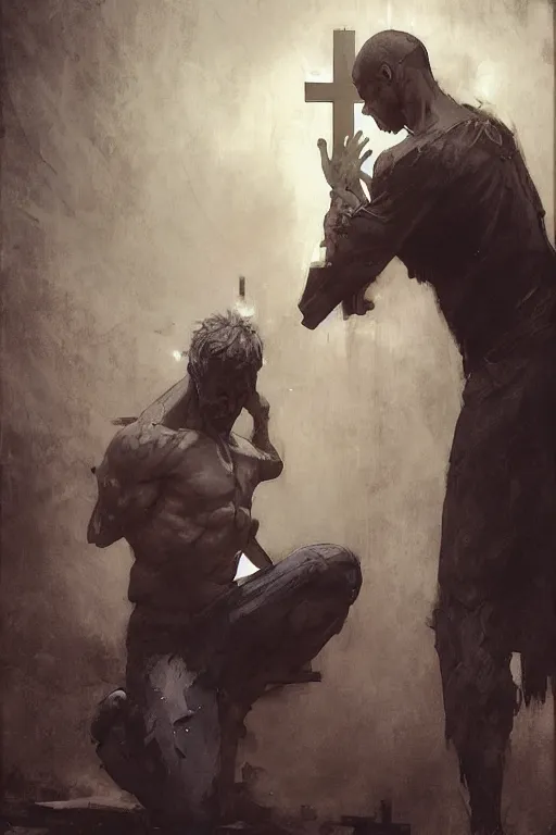 Image similar to man kneeling at the foot of a wooden cross, dramatic lighting art by Yoji Shinkawa by Richard Schmid by greg rutkowski by Sandra Chevrier by Jeremy Lipking cinematic dramatic, by frank miller, illustration by Ruan Jia and Mandy Jurgens and William-Adolphe Bouguereau, Artgerm, 4k, digital art, surreal, space dandy style, highly detailed, godsend, artstation, digital painting, concept art, smooth, sharp focus, illustration by Ruan Jia and Mandy Jurgens and William-Adolphe Bouguereau, Artgerm