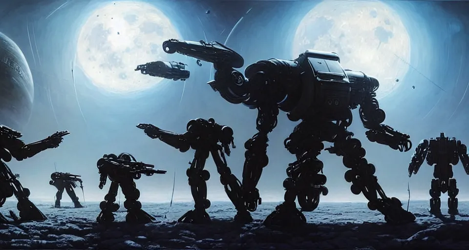 Image similar to hyper realistic sci - fi matte concept art painting of dramatic cinematic battle scene between humanoid battlemechs fighting on the moon, guns, missiles, explosions, beautiful details, strong composition painted by kim jung guweta studio rutkowski, james gurney and greg rutkowski, and lucasfilm, smooth, intricate, detailed, sharp focus, cinematic