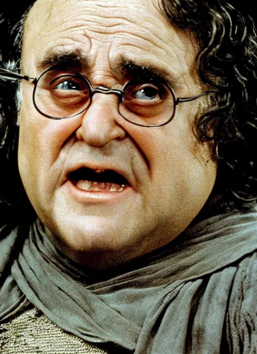 Image similar to the lord of the ring stills face closeup Frodo Baggins played by Danny DeVito with the one ring directed by peter jackson