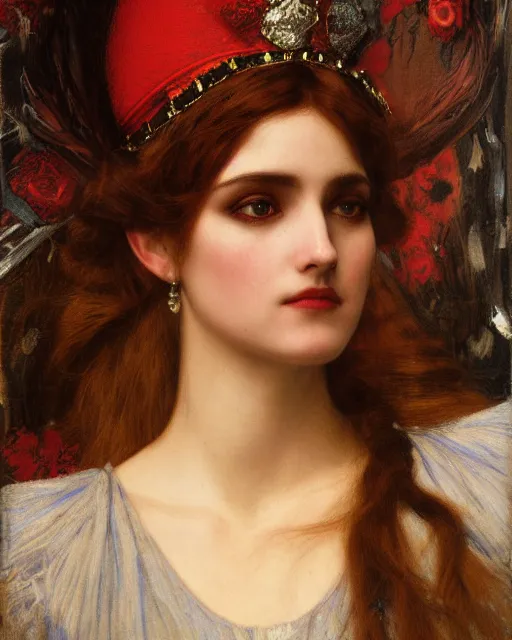 Image similar to 'queen of hearts' from 'alice in wonderland', intricate portrait by john william waterhouse and Edwin Longsden Long and Theodore Ralli and Henryk Siemiradzki, very coherent symmetrical artwork. Cinematic, hyper realism, high detail 8k