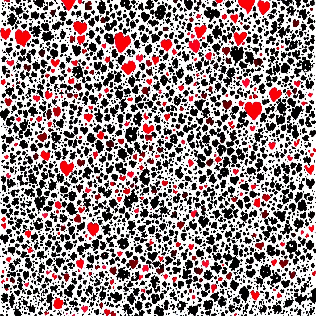 Prompt: camouflage made of hearts, smiling, abstract, rei kawakubo artwork, cryptic, dots, stipple, lines, splotch, color tearing, pitch bending, color splotches, dark, ominous, eerie, minimal, points, technical, old painting