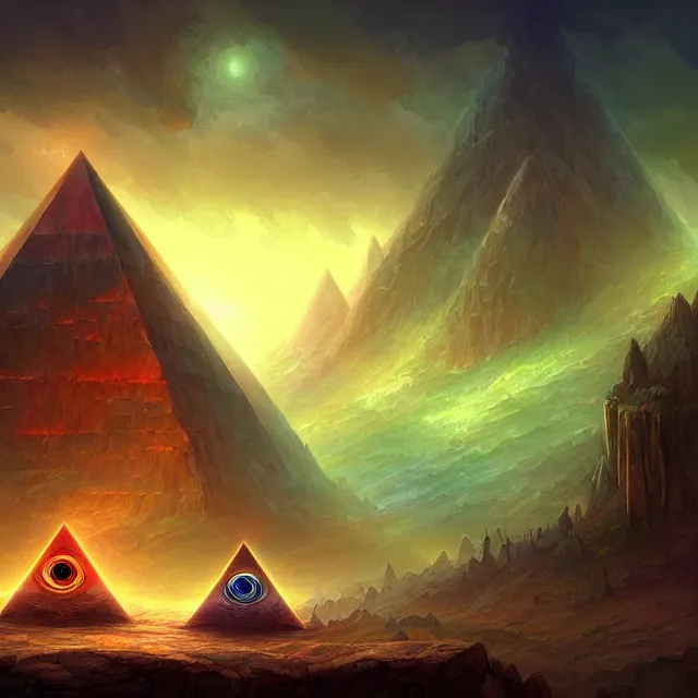 Image similar to the illuminati eye pyramid, a fantasy magical landscape seen in the distance, atmospheric lighting, intricate, volumetric lighting, beautiful, sharp focus, ultra detailed, in the art style of marc simonetti, bowater charlie and brom gerald, astrophotography