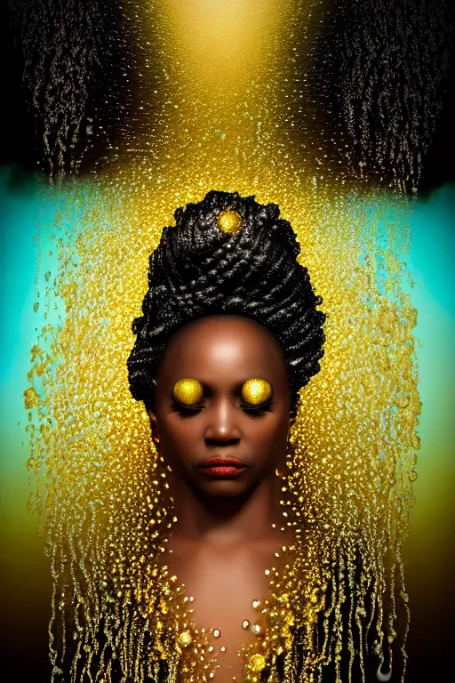 Image similar to hyperrealistic post rococo cinematic very expressive! black oshun goddess, open eyes, in water up to her shoulders, mirror dripping droplet!, gold flowers, highly detailed face, digital art masterpiece, smooth eric zener cam de leon dramatic pearlescent teal light, ground angle uhd 8 k, sharp focus