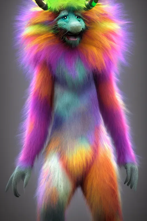 Prompt: a highly detailed full body 3 d model of a multicolored furry monster with fuzzy horns, a character portrait by jim henson, concept art, character concept, behance contest winner, daz 3 d, cgsociety, octane, behance hd, vibrant, dark rainbow colored fur, deviantart colorful, centered, matte background