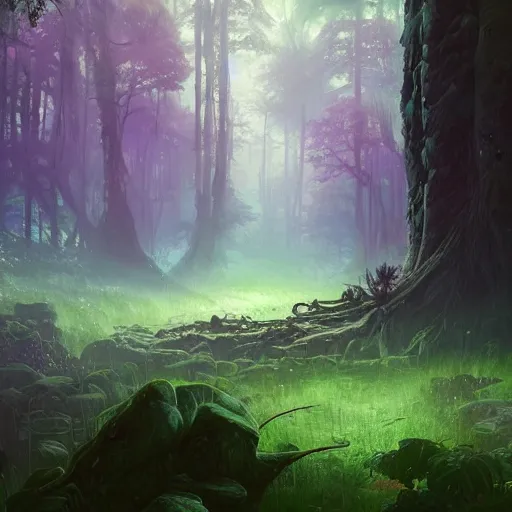 Image similar to concept art painting of a mystical alien fantasy forest, with fog and strange colorful plants, realistic, detailed, cel shaded, magenta and blue and green, in the style of makoto shinkai and greg rutkowski and james gurney