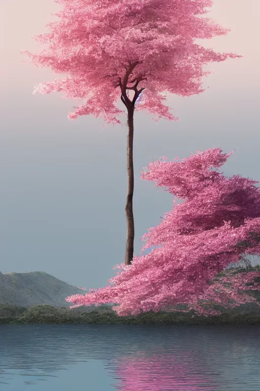Image similar to a single alone sakura tree growing upon an island in a lake, viewed from a distance, mountains, cherry blossoms, illustration, light beams, simple, minimalist, digital art, oil painting, fantasy, 8 k, trending on artstation, detailed