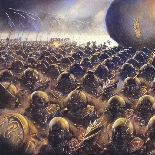 Prompt: dwarven cave fleet day, dwarven military parade, illustration by Alan Lee