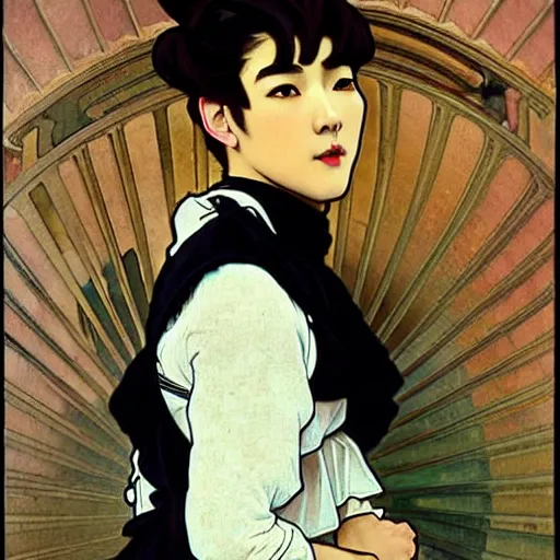 Image similar to full body painting of grumpy handsome thin beautiful young man in his 2 0 s named min - jun in a french female maid outfit, modern clothing, elegant, clear, painting, stylized, sharp facial features, soft but grumpy, highly detailed, art, art by alphonse mucha