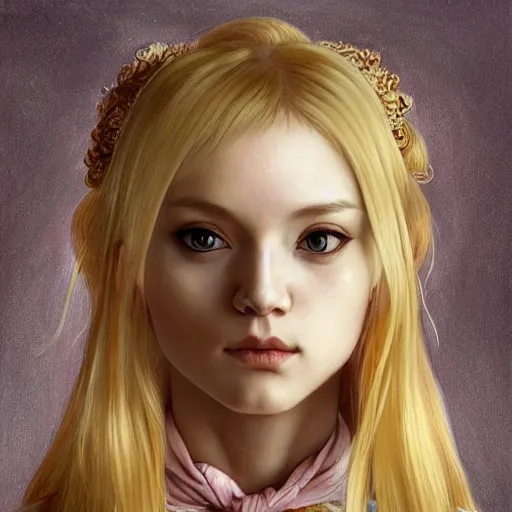 Image similar to Blonde Girl from Babymetal band with thin lips, pronounced cheekbones, hair of medium length (longer caret), highly detailed, digital painting, artstation, concept art, smooth, sharp focus, illustration, ArtStation, art by artgerm and greg rutkowski and alphonse mucha and J. C. Leyendecker and Edmund Blair Leighton and Katsuhiro Otomo and Geof Darrow and Phil hale and Ashley wood and Ilya repin and Charlie Bowater