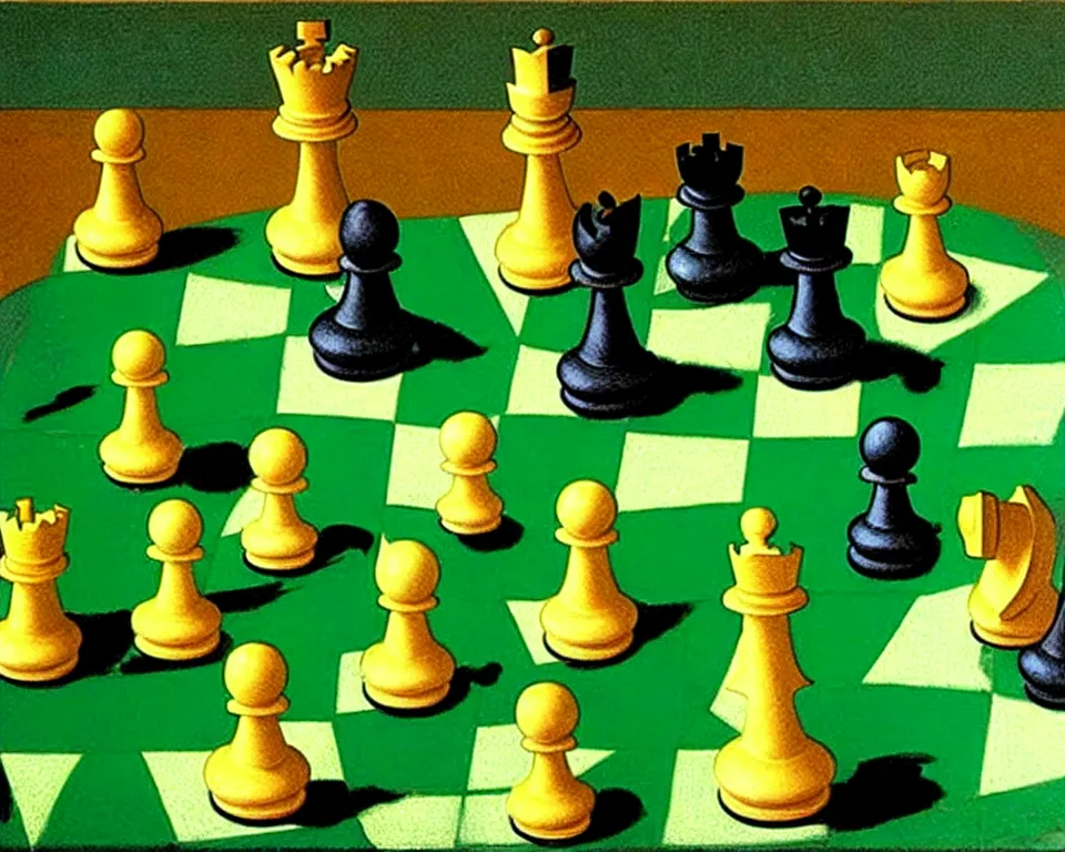 Image similar to a chess set on a green background by raphael, hopper, and rene magritte. pop art, detailed, proportional, romantic, enchanting