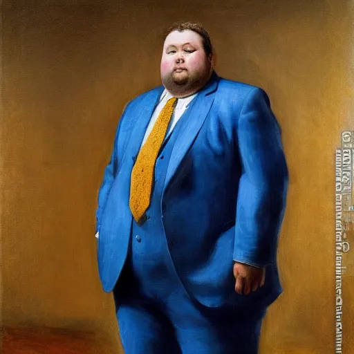 Prompt: hyperrealistic studio portrait of real life Big Chungus as a CEO in a blue Suit, Shocking detail painted by Arnold Bocklin, oil painting trending on artstation 8k