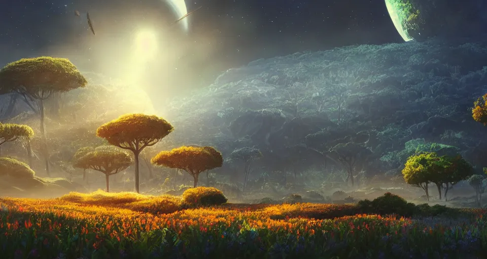 Image similar to beautiful low angle painting of ab alien world with unknown plants and trees, and giant flowers, with galaxies and stars in the sky, moody atmosphere, epic composition, dramatic lighting, trending on artstation, octane render, by don bluth