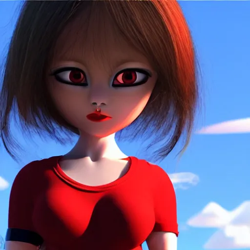 Prompt: a very muscled little red woman devil in tee shirt is winking an eye towards us, very realistic, fantastic light, Japanese 3D animation
