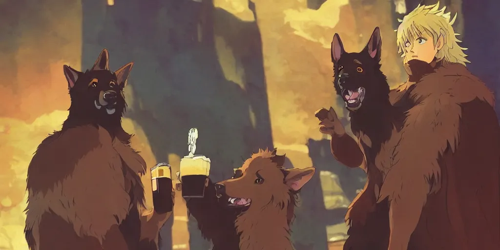 Image similar to a two german shepherds beast - men, holding a mug of beer, a lot of pockets, fur cape, tavern background, magical, bright, colorful, fantastic lighting, amazing details, 4 k uhd, illustration by hayao miyazaki and makoto shinkai and ilya kuvshinov, artstation, pixiv,