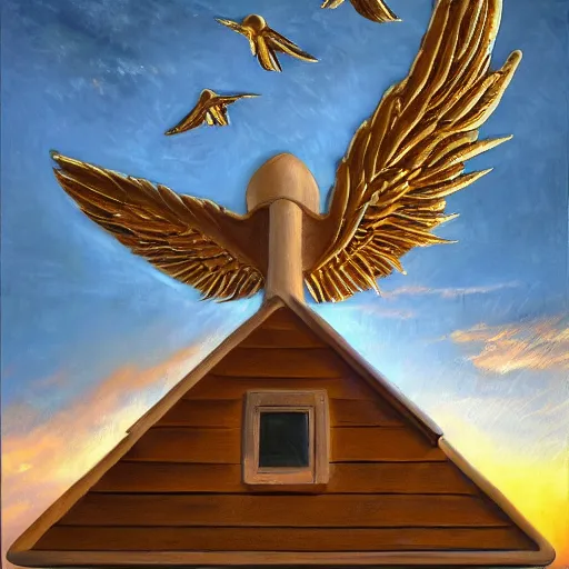 Image similar to a public restroom with wings, flapping its wings flying in sunset sky, oil on canvas, portrait, intricate, 8k highly professionally detailed, HDR, CGsociety