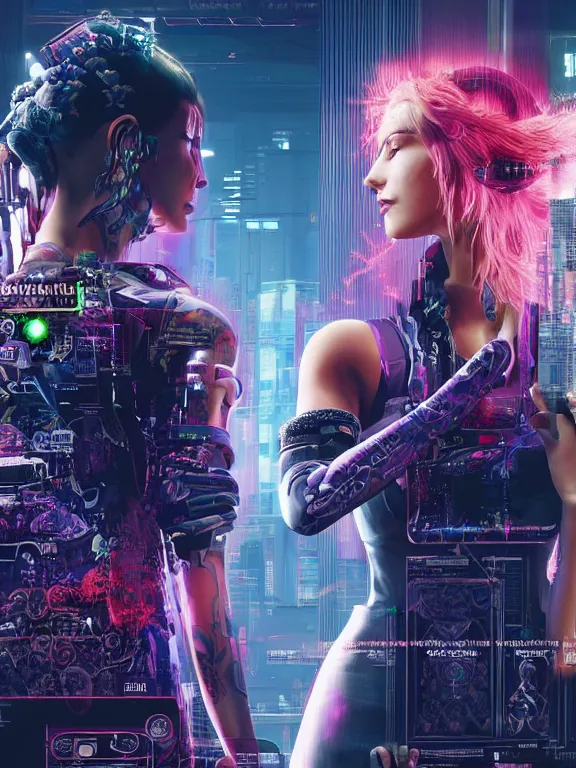 Image similar to a complex cyberpunk 2077 concept art ultra detailed of two veiled perfect human face female android queens praying together with lots of electric cable behind them connected to giant computer,bowknot, fine lace, GUCCI, sparkling, jewel embellishment, film lighting, by Andrei Riabovitchev,Stanely Artgerm, Tom Bagshaw, Andrei Riabovitchev, aaron horkey, trending on pinterest, full of color, mythological, high detailed,golden ratio,cinematic lighting