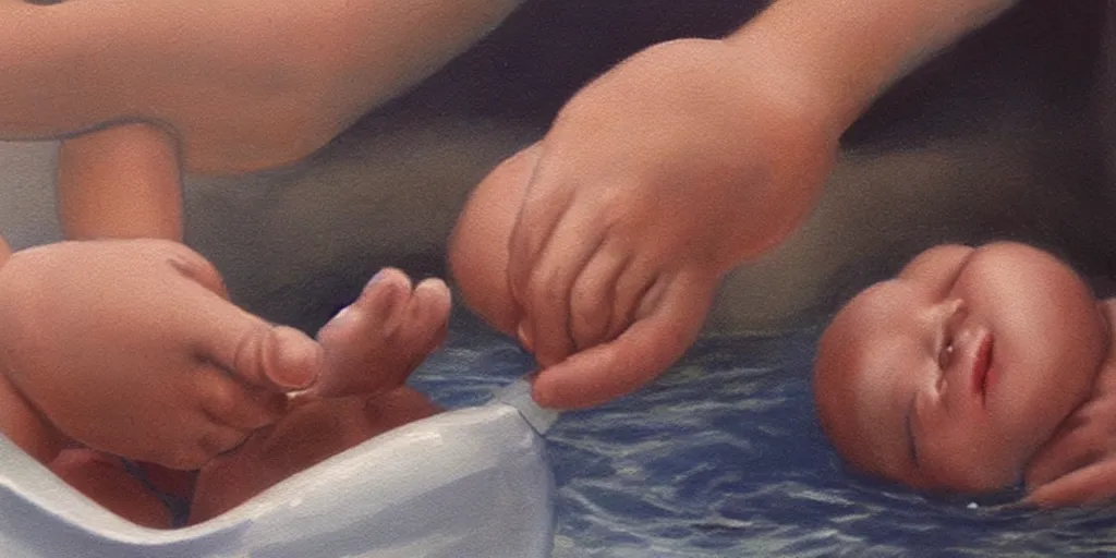 Prompt: Close up of delicate hands washing a baby in a white water jug. Painting by Alex Colville H 768