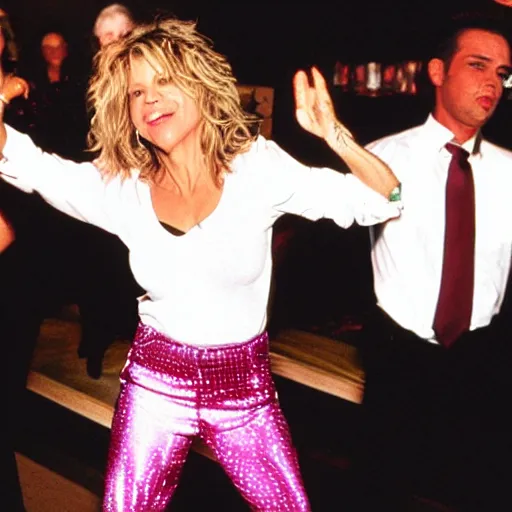 Prompt: Meg Ryan dancing a salsa routine at the club