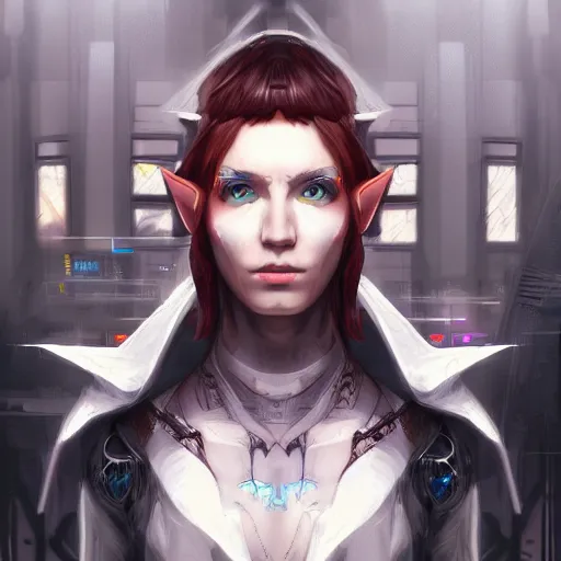 Image similar to portrait of an elf in a cyberpunk style, digital art, highly-detailed, artstation cgsociety masterpiece