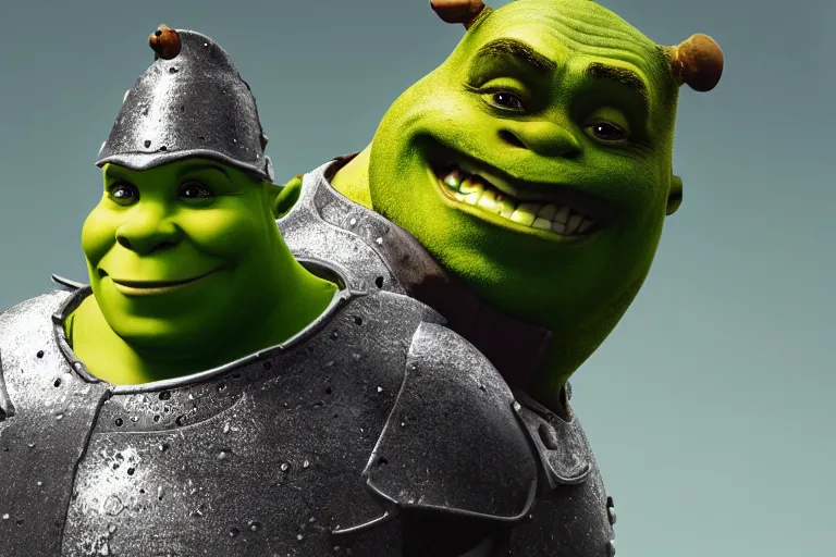 Image similar to Shrek wearing futuristic armor, with a bird on top of his head.. ultra-detailed, 8k, octane render