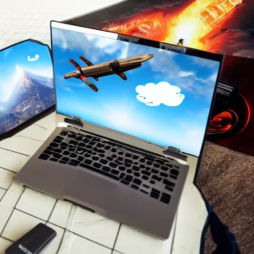 Image similar to developer hero with laptop flying to save the world, photorealistic, dramatic cinematic