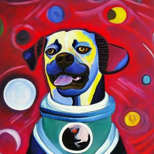 Prompt: a beautiful painting, dog in a space suite, by vladimir mayakovsky, long shot