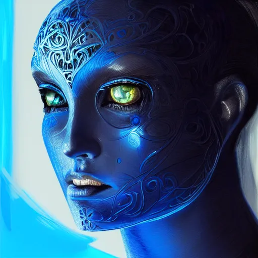 Prompt: portrait of a female android made of steel, face completely covered in phthalo blue filigree, glowing blue eyes, filigree, elegant, sharp focus, graceful, master crafted, trending on artstation, award winning, beauty,