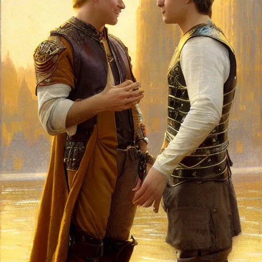 Image similar to attractive arthur pendragon confesses his love to attractive male merlin. highly detailed painting by gaston bussiere, craig mullins, j. c. leyendecker 8 k