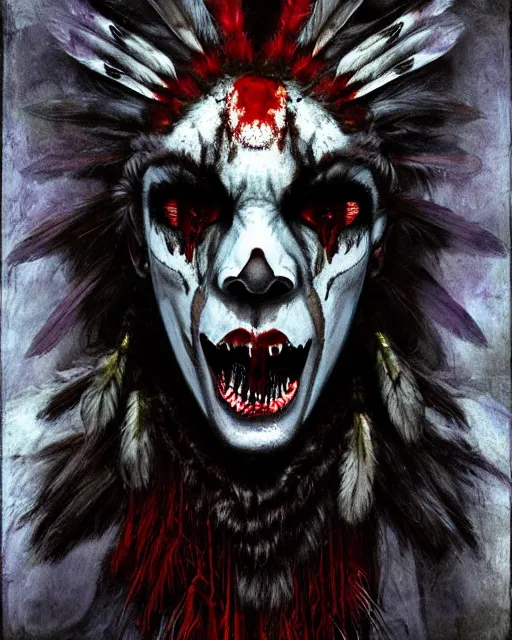 Image similar to wolf - human hybrid mutant ghost - spirit of the grim - warpaint wears the scarlet skull armor and native blood headdress feathers, midnight fog - mist!, dark oil painting colors, realism, cinematic lighting, various refining methods, micro macro autofocus, ultra definition, award winning photo, photograph by ghostwave - gammell - giger - shadowlord