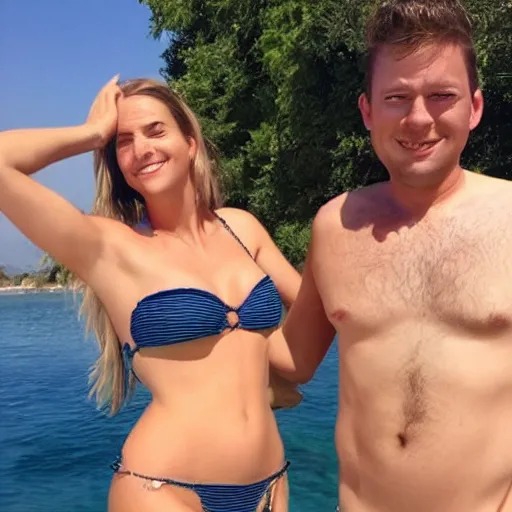 Prompt: photo of a 4 0 year old man that looks young for his age dating a very attractive 2 2 year old woman wearing a bikini. they are both drunk.