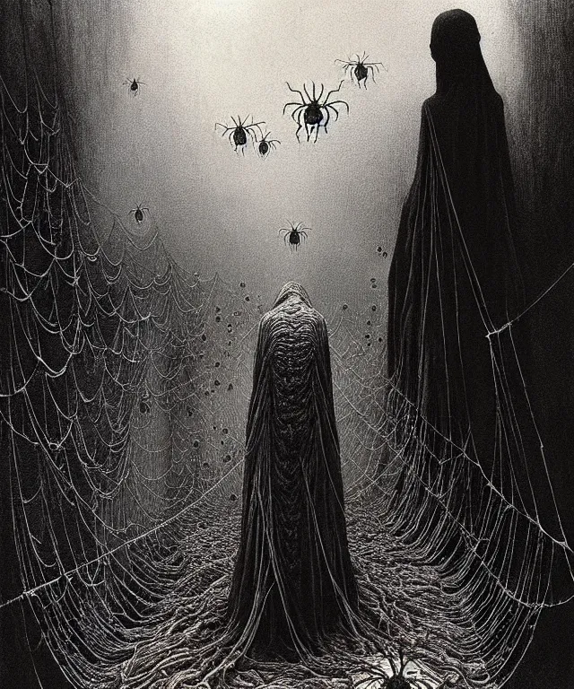 Image similar to a woman standing all covered in spiders. illustration of arachnophobia, fear of spiders, incredible amount of spiders and bugs. extremely high details, realistic, horror, creepy, web, masterpiece, art by zdzislaw beksinski, arthur rackham, dariusz zawadzki