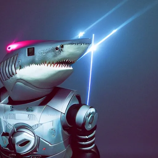 Image similar to photo of a robot shark with a laser on it's head