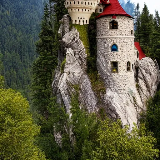 Prompt: a man climbing a steep cliff toward a beautiful storybook castle