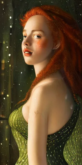 Image similar to young woman, smiling amazed, surrounded by firefly lights, full covering intricate detailed dress, amidst nature, long red hair, precise linework, accurate green eyes, small nose with freckles, smooth oval shape face, empathic, expressive emotions, dramatic lights, hyper realistic ultrafine art by artemisia gentileschi, jessica rossier, boris vallejo