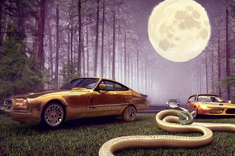 Prompt: cars, forest, moon, snakes, flowers, gothic art, 8k, ultra detailed