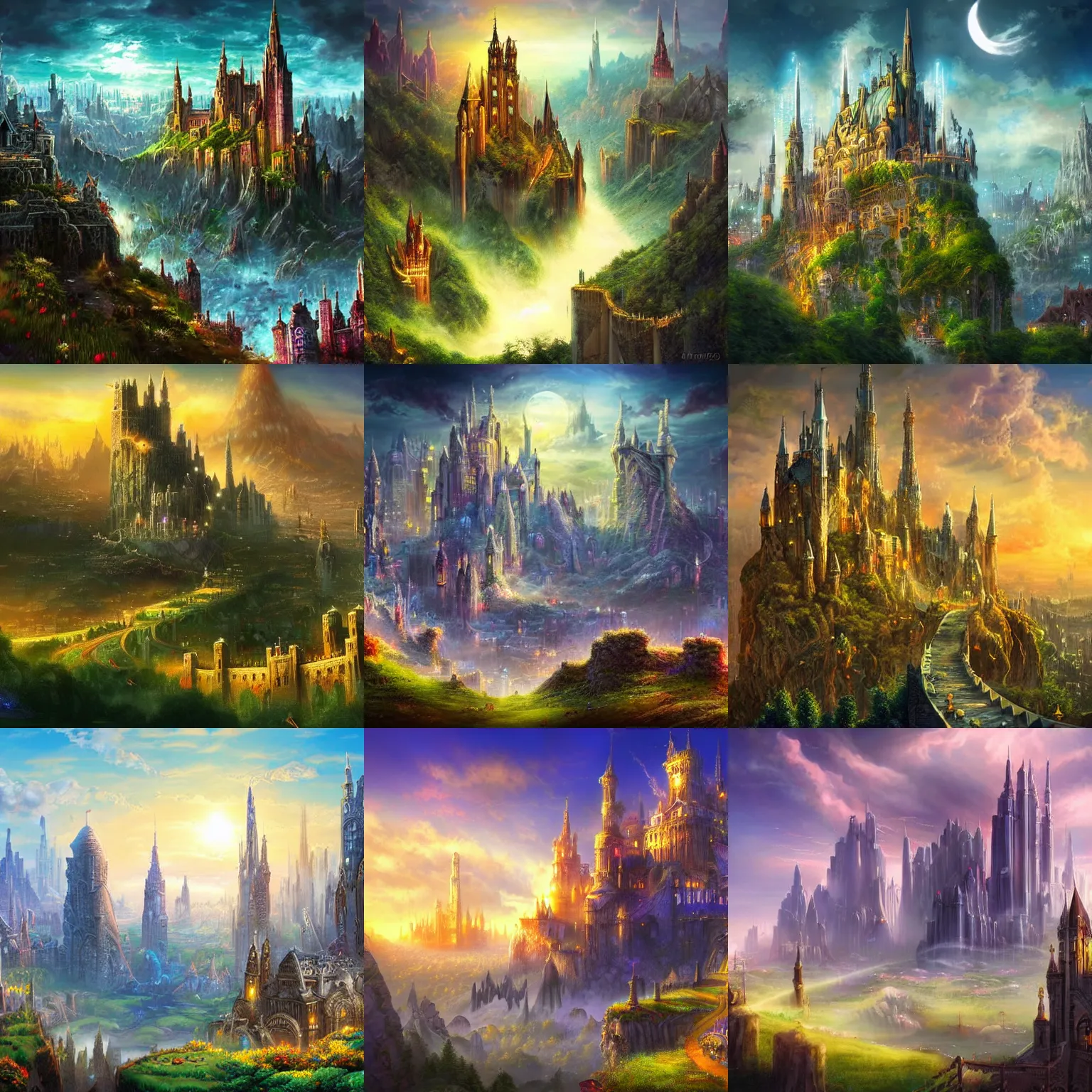Prompt: fantasy city, gleaming, glorious, awe-inspiring, breathtaking, high towers, walls, grass field surrounding the city, fantasy art