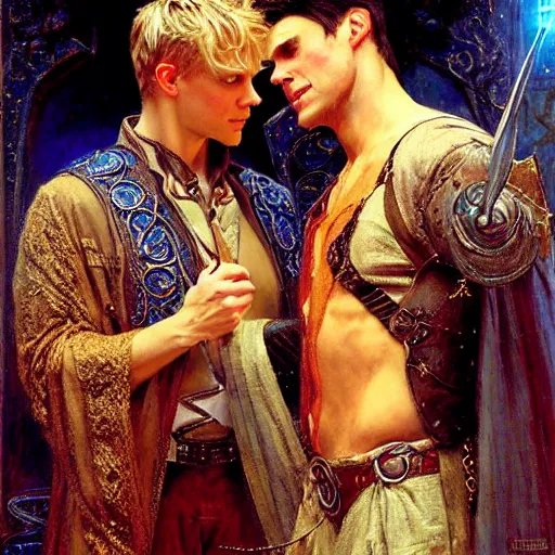 Image similar to attractive arthur pendragon with attractive male merlin the mage. they are in love. highly detailed painting by gaston bussiere, craig mullins, j. c. leyendecker