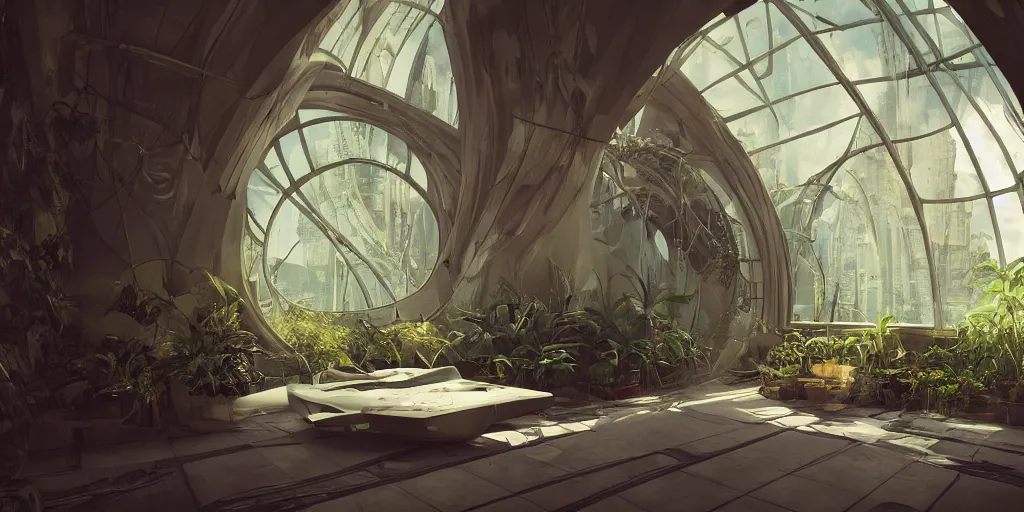 Prompt: spaceship interior with arched windows, natural sunlight, summer, hanging plants, cinematic, cyberpunk, lofi, calming, dramatic, fantasy, by Moebius, by zdzisław beksiński, Fantasy LUT, high contrast, Frank Lloyd wright, epic composition, sci-fi, dreamlike, surreal, angelic, cinematic, 8k, unreal engine, hyper realistic, fantasy concept art,