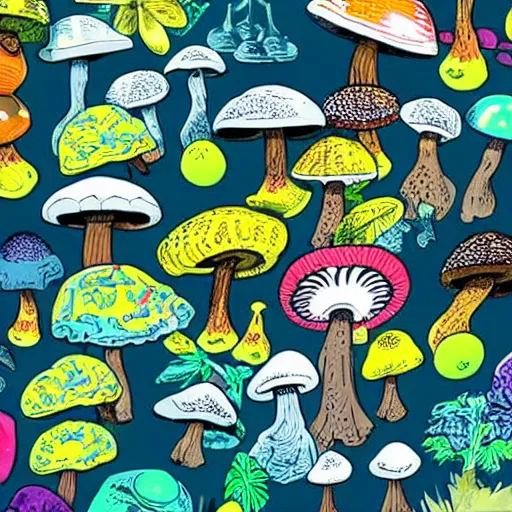 Image similar to mushrooms in the place of flying saucers, hallucinogenic, psychedelics, altered vision, groovy, modern,