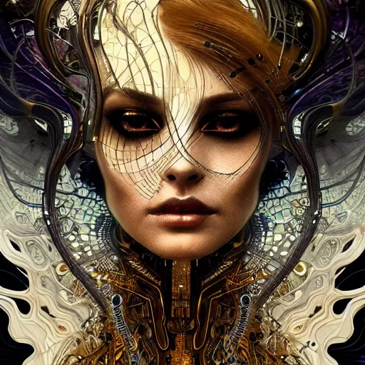 Prompt: extremely psychedelic beautiful cyborg queen of lsd infected by night. intricate, elegant, highly detailed, extremely lifelike photorealistic digital painting, artstation. steichen, gaston bussiere, tom bagshaw, cyberpunk alphonse mucha. elegant minimalism. anatomically correct. sultry rage. sharp focus. gold and black, white accents. lifelike